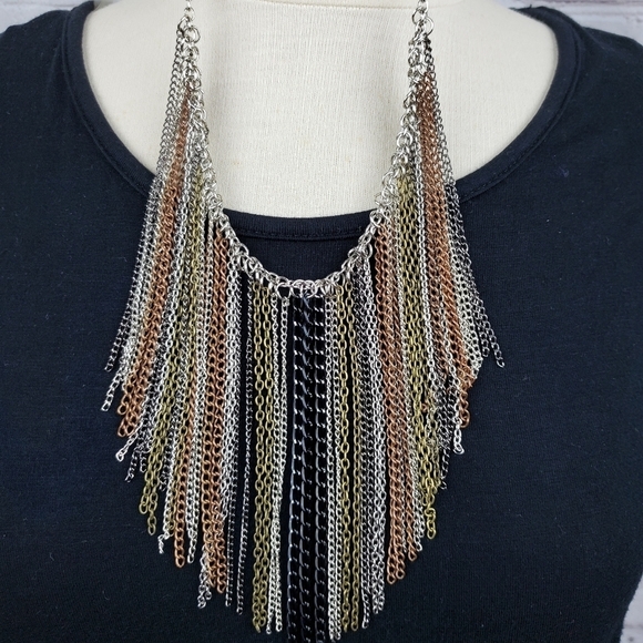 Multi Chain Fringe Rocker Boho Rockabilly Necklace - Picture 5 of 8